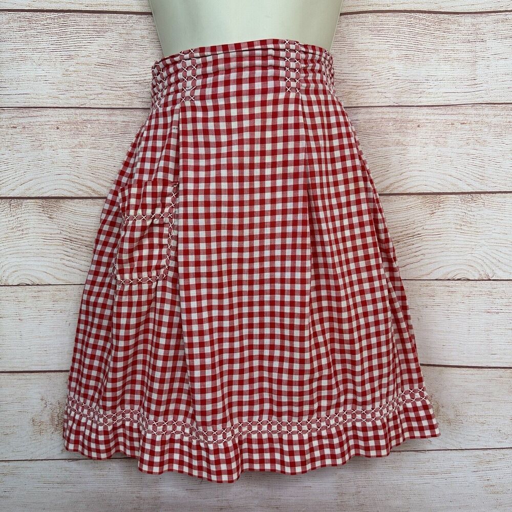 Vintage Red White Gingham Check Checkered Half Apron Pocket MCM 60s Cottage Core